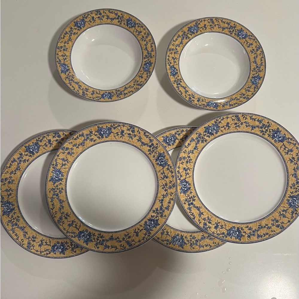 American Atelier 6 pc Toile Blue & Yellow Floral 4 Dinner Plate 2 Bowl Set